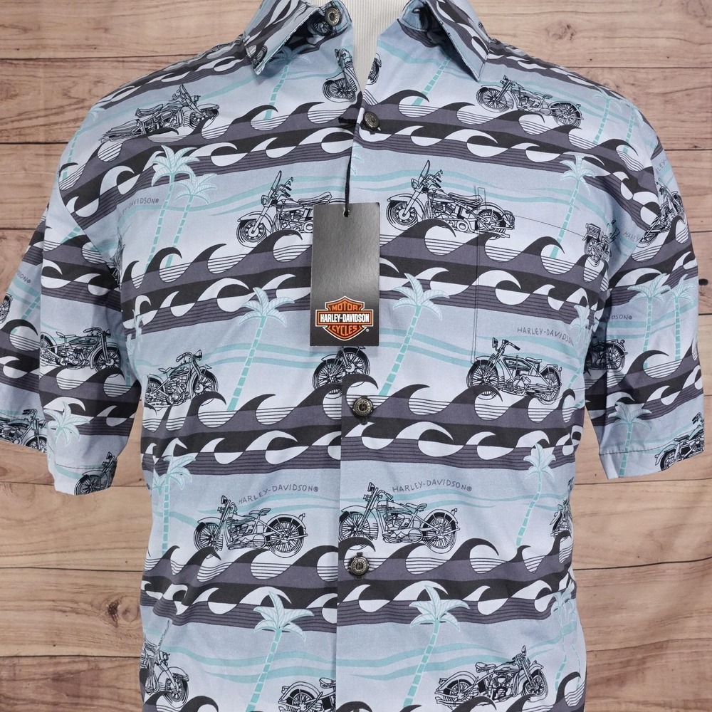 Harley-Davidson Shirt Mens L Blue‎ Swell Ride Short Sleeve Button-Up Hawaiian